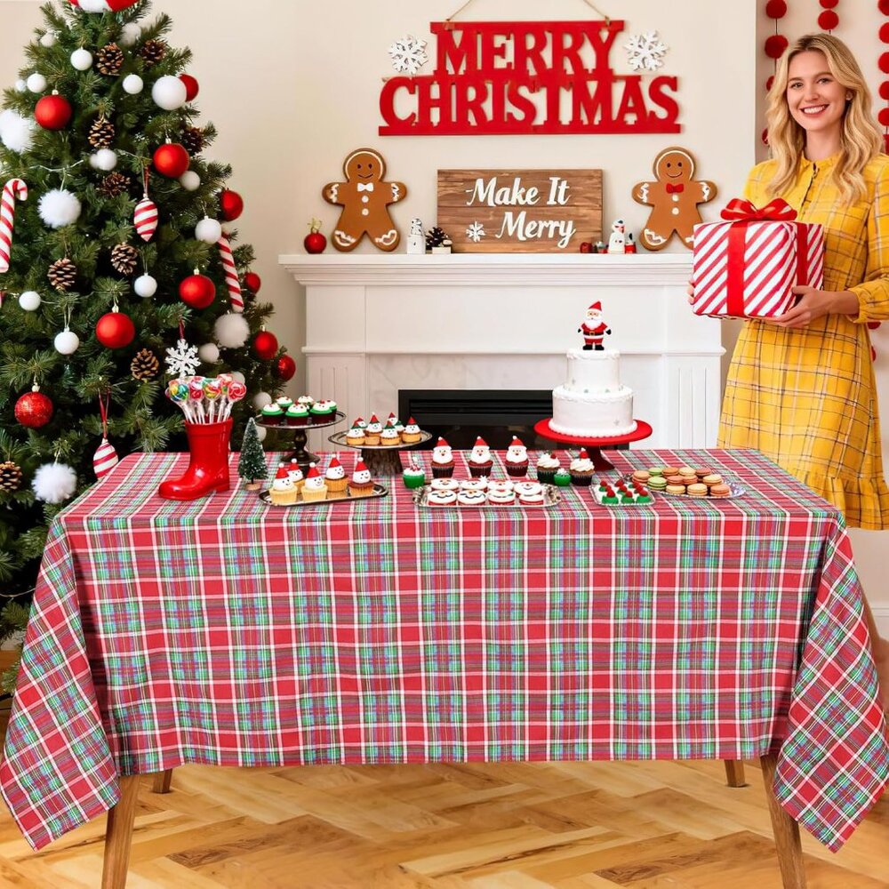 Durable 57x84 Inch Red Blue Green Plaid Tablecloth for Festive Gatherings